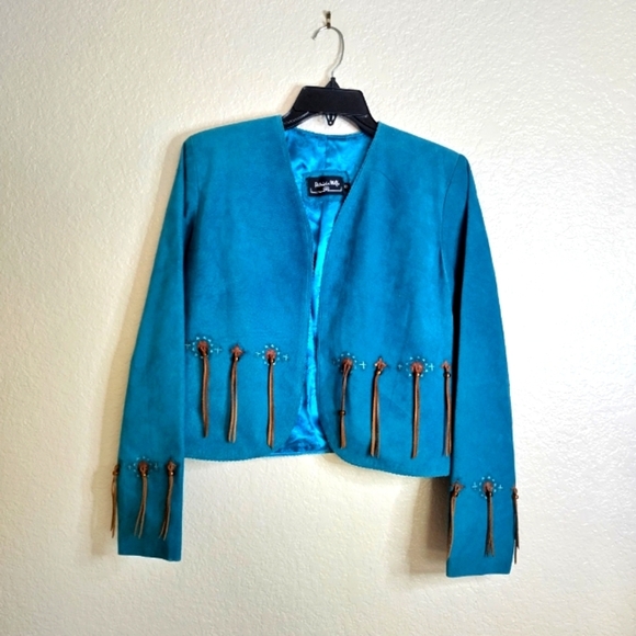 Patricia wolf suede turquoise Hand Painted Aztec Fringe Western jacket Sz S - Picture 2 of 7